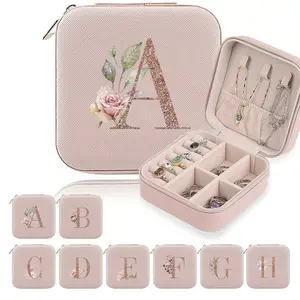 1pc Jewelry Box, 26 Letters Design, Women's Jewelry Box, Bridesmaid Jewelry Box, Travel Jewelry Box, Jewelry Storage Boxes, Beige Travel Case with Zipper Closure & Fabric Lining, Bridesmaid Proposal Gift or Couple's Keepsake