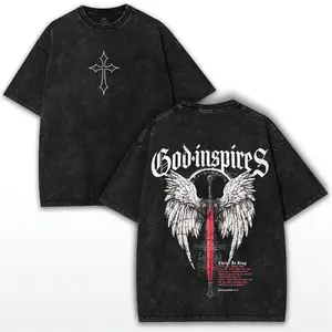 God Inspires Vintage Washed Graphic T Shirt Angel Wings Sword Back Print Faithcore Streetwear Oversized Heavyweight Cotton Casual Loose Fit Retro Religious Style Daily Outdoor Trendy Short Sleeve Tops For Adults