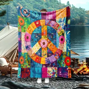 1 Piece Colorful Peace - Themed Throw Blanket, Soft & Comfortable, Multiple Specifications Available, Retro Bohemian Style, Suitable for Outdoor, Travel, Camping, Sofa, Bed Use, Playful Artistic Design, All - Season Bedding, Versatile Usage