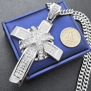 Men's Large Cross Hip Hop Iced CZ Silver Plated Religious Pendant & 6mm 24" 30" Cuban Chain Necklace