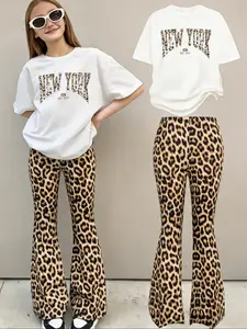 Two-piece set, Outfit, Girls' Fashion Leopard Print Sweet and Cool Set, Casual Leopard Print Letter Print Fitted T-shirt + Leopard Print Flared Pants, Retro Style Two-piece Set for Toddlers, Kids and Big Kids, Suitable for Spring, Autumn