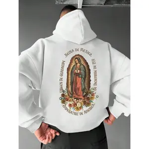 Men's Virgin Mary Print Drop Shoulder Hoodie, Graphic Print Hoodie, Fashion Casual Regular Fit Drawstring Pocket Hooded Sweatshirt for Daily Holiday Outdoor Wear, Men's Clothing for Fall & Winter