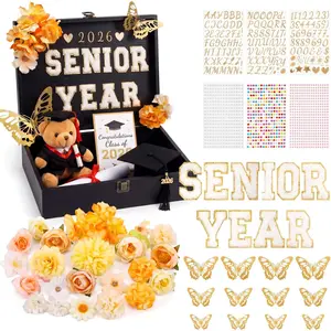 50 count 2026 DIY Senior Year Graduation Keepsake Box Kit Large Wooden Memory Box with  Butterfly, , Glitter Alphabet Letter & Number  for Her Gifts(Black,Yellow)