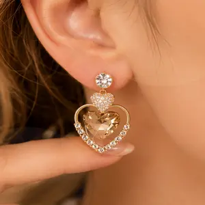 Women's Non-Natural Crystal Heart Drop Earrings - Gold Rhinestone Dangle Jewelry, Elegant Statement Piece for Date Night Gifting