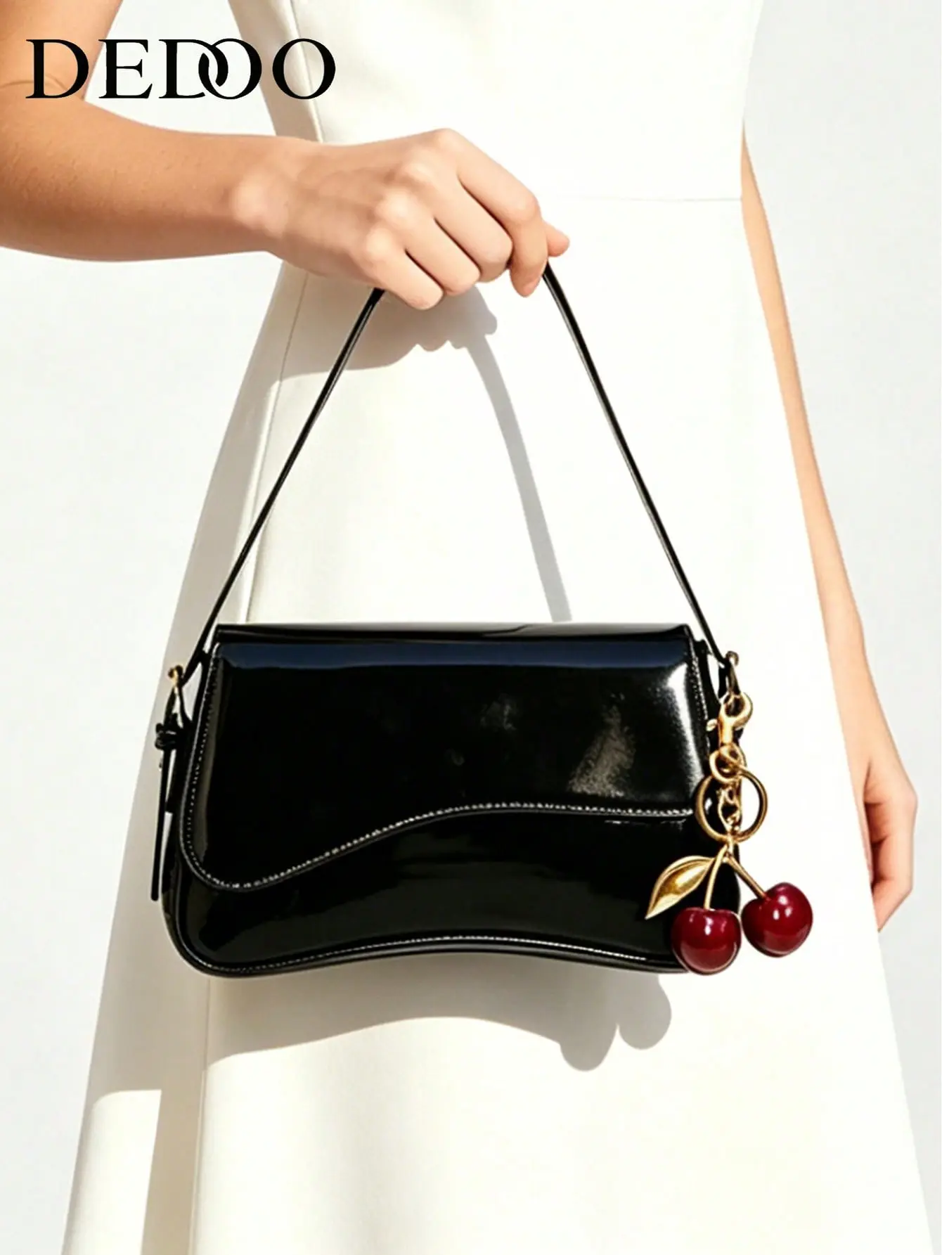 Y2K Cute Women's Shoulder Bag, Square Bag PU Leather Versatile Patent Leather Small Purse Baddie Bag, Underarm  Handbag, Fashion Crossbody Bag, Comes with Cherry Charm Decor