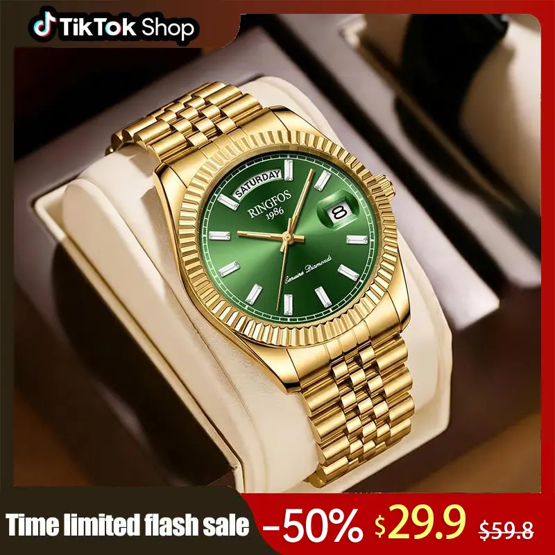 【RINGFOS】Men's Swiss Luxury 40mm Round Quartz Watch - Stainless Steel Construction, Durable, Date Calendar, Glow Hands, Clasp Closure, Battery-Powered, Suitable for Business Meetings & Casual Wear, Fashion Sports Timepiece