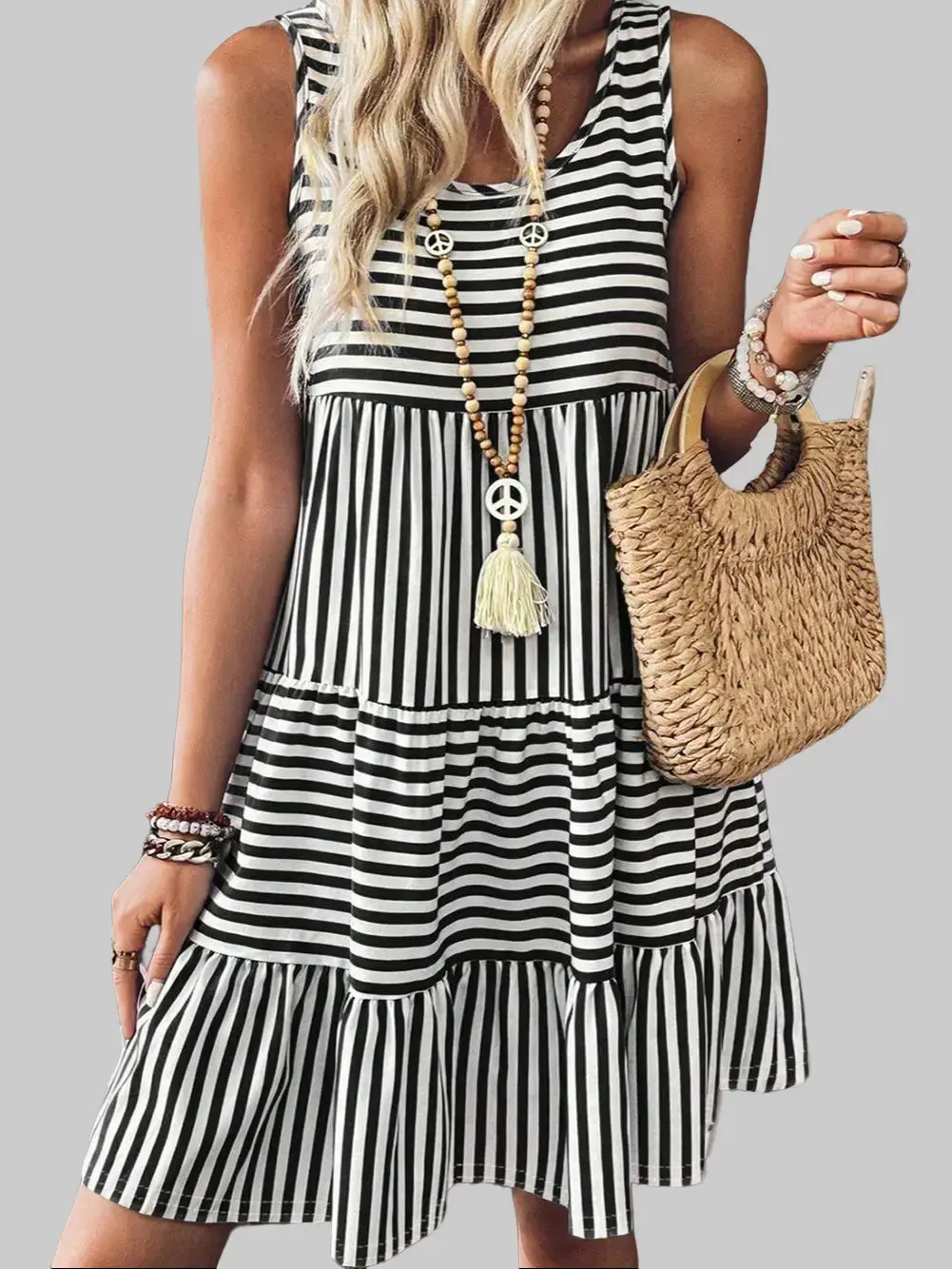 Women's Casual Striped Tiered Mini Dress - Sleeveless U-Neck Flowy Shift Sundress Summer Outfit