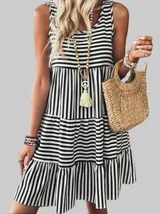 Women's Striped U-Neck Sleeveless Tiered Casual Shift Mini Dress