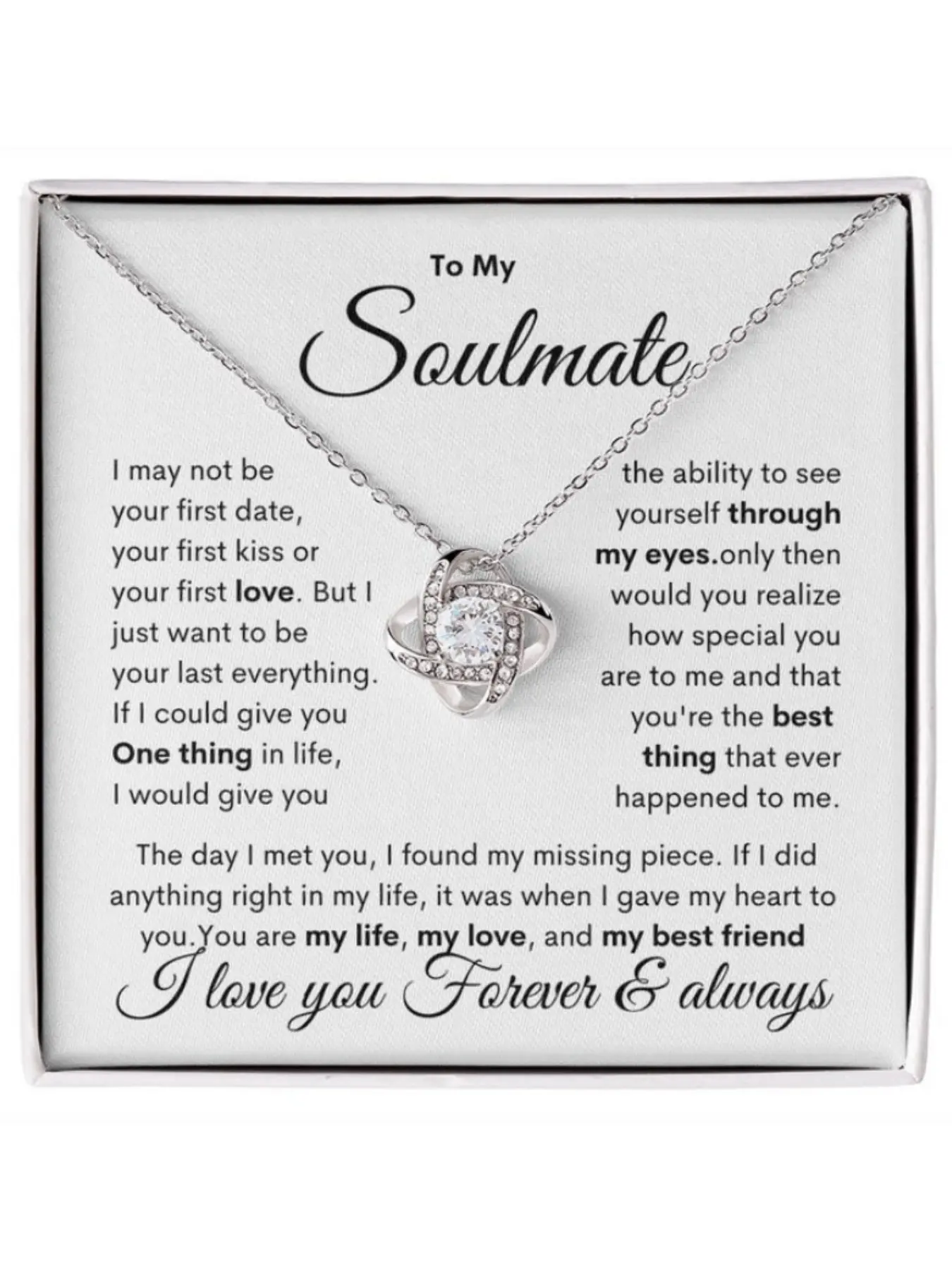 To My Soulmate Love Knot Necklace Pendant Jewelry with Romantic Message Card and Gift Box Anniversary, Wedding, Valentine’s Day Gift for Wife/Girlfriend