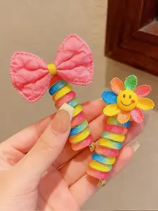 Bow Telephone Cord Hair Ties 2pcs, High Elastic Spiral, Bubble Braid, Ponytail Holder, No Damage, Cute Floral Style, All Seasons