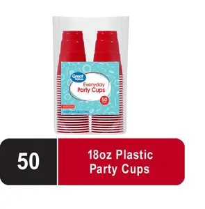 Great Value Disposable Plastic Party Cups, Red, 18 oz, 50 Count