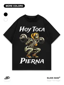 Gym Skull Graphic Print Loose Short Sleeve Top, Casual Breathable Unisex Fashion, Today Leg Workout Tee, No Zipper, Without Collar