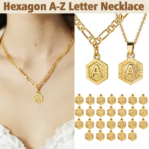 FindChic Initial Hexagon Pendant Necklace Letter Figaro Chain Necklace Golden A-Z 26 Alphabet Name Jewelry For Women Men Girlfriend Boyfriend