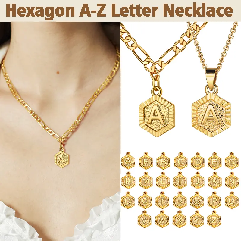 FindChic Custom Initial Hexagon Pendant Fashion Necklace - Figaro Chain, Golden A-Z Letter Jewelry, Unisex Personalized Gifts, Modern Hexagon Design, Easy for Daily Work-Dates Use