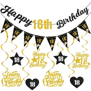 18th Birthday Decorations for Boys, 2008 Happy 18th Birthday Banner, Triangle Flag Banner & Hanging Swirl Streamers