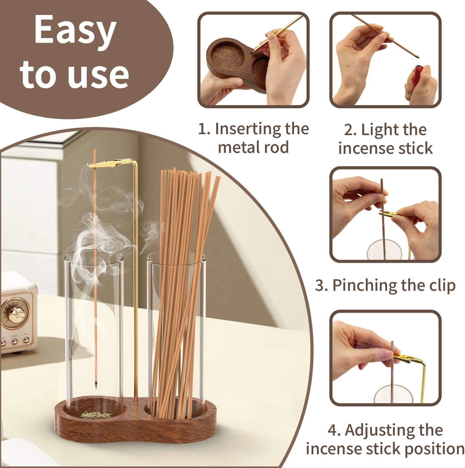 2 in 1 Incense Holder for Sticks, Anti-Ash Incense Holder, Upside Down Incense Burner Holder with Glass Ash Catcher & Incense Storage for Yoga Spa Meditation Home Decor