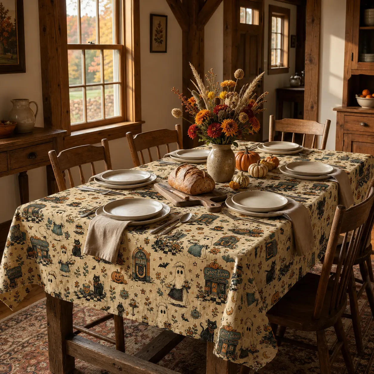 Halloween Ghost Diner Tablecloth, Vintage Spooky Ghost & Black Cat Print, 100% Polyester Rectangle Table Cover for Kitchen, Dining Room & Party Decor