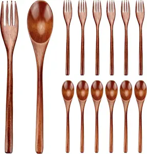12 PCS Wooden Forks and Spoons for Eating Utensil Set Wooden Cutlery Silverware Sets Flatware Reusable Bamboo Utensils Korean Wooden Spoon Fork Set