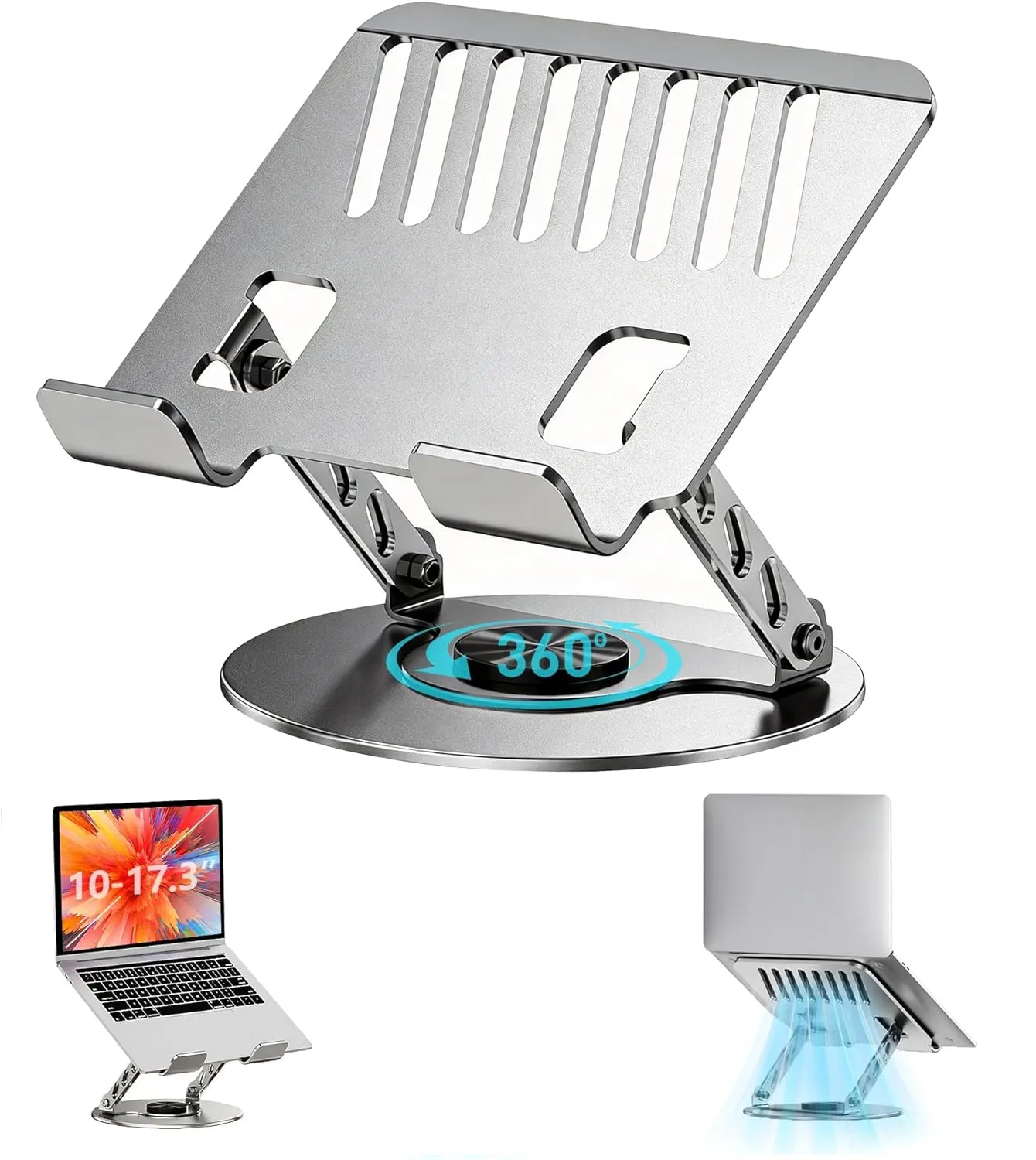 360° Rotating Aluminum Laptop Stand, Adjustable Height Portable Laptop Holder for Desk, 2-in-1 Foldable PC Stand for Laptop, Tablet & Mobile Devices, Ergonomic Computer Riser for Home, Office, Gaming & Work