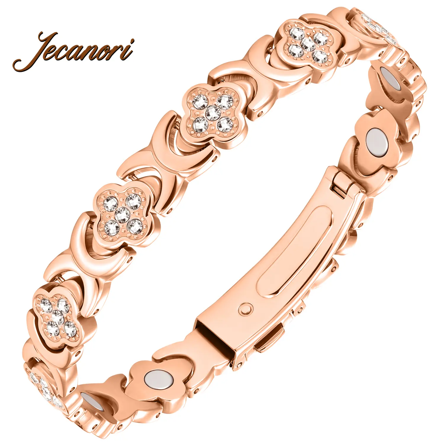 Jecanori Magnetic Bracelets for Women, Stainless Steels Magnetic Therapy Bracelet with Sparkling Cubic Zirconia,Four-leaf clover Jewelry Gift