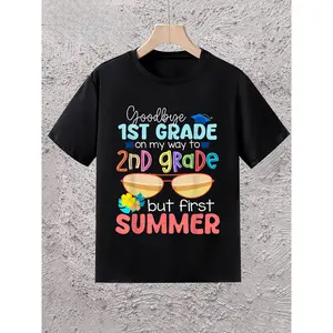 Goodbye 1st Grade On My Way to 2nd Grade But First Summer Graphic Tee Fashion Glasses Print Kids Casual Shirt for School Graduation