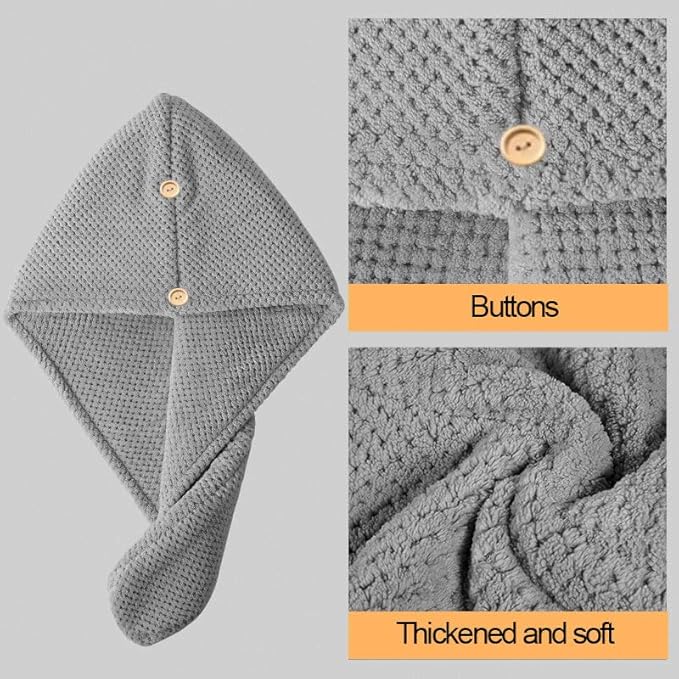 Microfiber Hair Towel Wrap for Women, Super Absorbent, Fast Drying Towel Turban with Button for All Hair Style, Shower Essentials, Grey