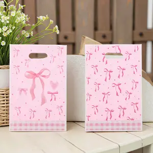 50/100pcs Elegant Bow Gift Bag, Durable Plastic Handbag for Weddings Birthdays Festivals, Heart Design Ribbon, Perfect Celebration Gifts