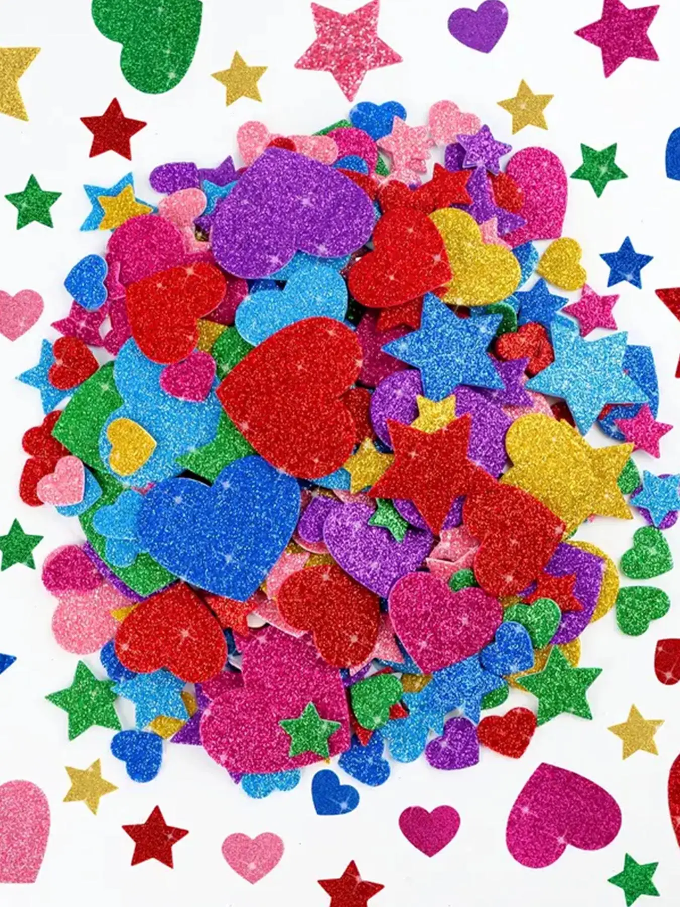 150pcs Colorful Glitter Foam Stickers, Aesthetic Stickers, EVA Star-shaped Heart Decorative Patches, Diy Decorative, Self-adhesive, Reusable, Suitable For Crafts, Cute Scrapbooking, Greeting Cards, Kindergarten Rewards