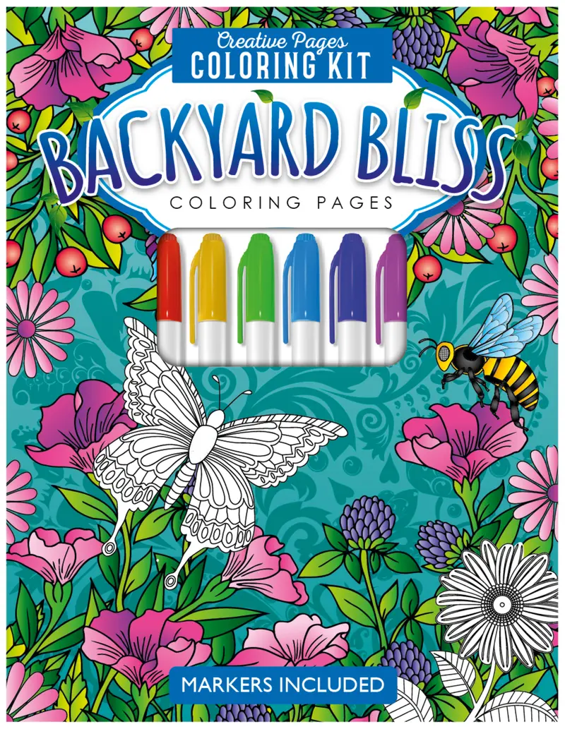 Coloring Book Kit for Adults - Backyard Calm Coloring Book with 24 Intricate Nature Designs, 8x10.25 in Pages, and Included Markers for Relaxation