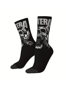 1 Pair Gothic Rock Socks with 3D Printed Heavy Metal Logo & Skull/Punk Graphics - Seamless Edgy Footwear for Concerts, Themed Parties, Casual Wear - Compatible with Megadeth-Inspired TERA Lettering ( Novelty Socks)