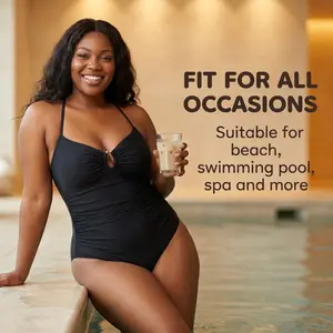 Black Tummy Control Plus Size One-Piece Swimsuit Conservative Swimwear for Women Ruched Fabric Full Coverage Keyhole Detail S-3XL Comfortable Versatile
