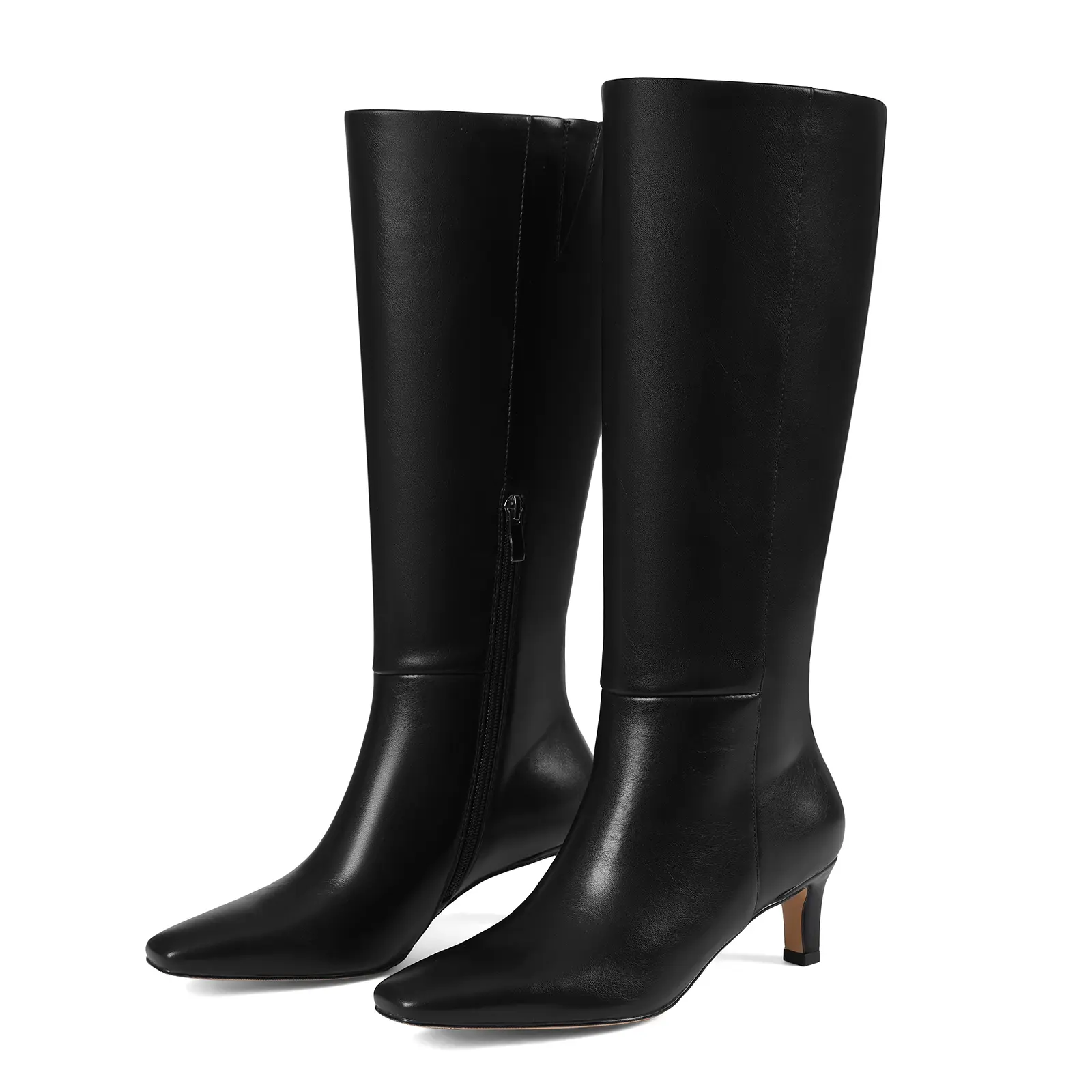 Women's  Leather Knee-High Boots Square Toe Kitten Heel Side Zipper Classic Elegant Footwear for Daily Office & Trendy Outfits