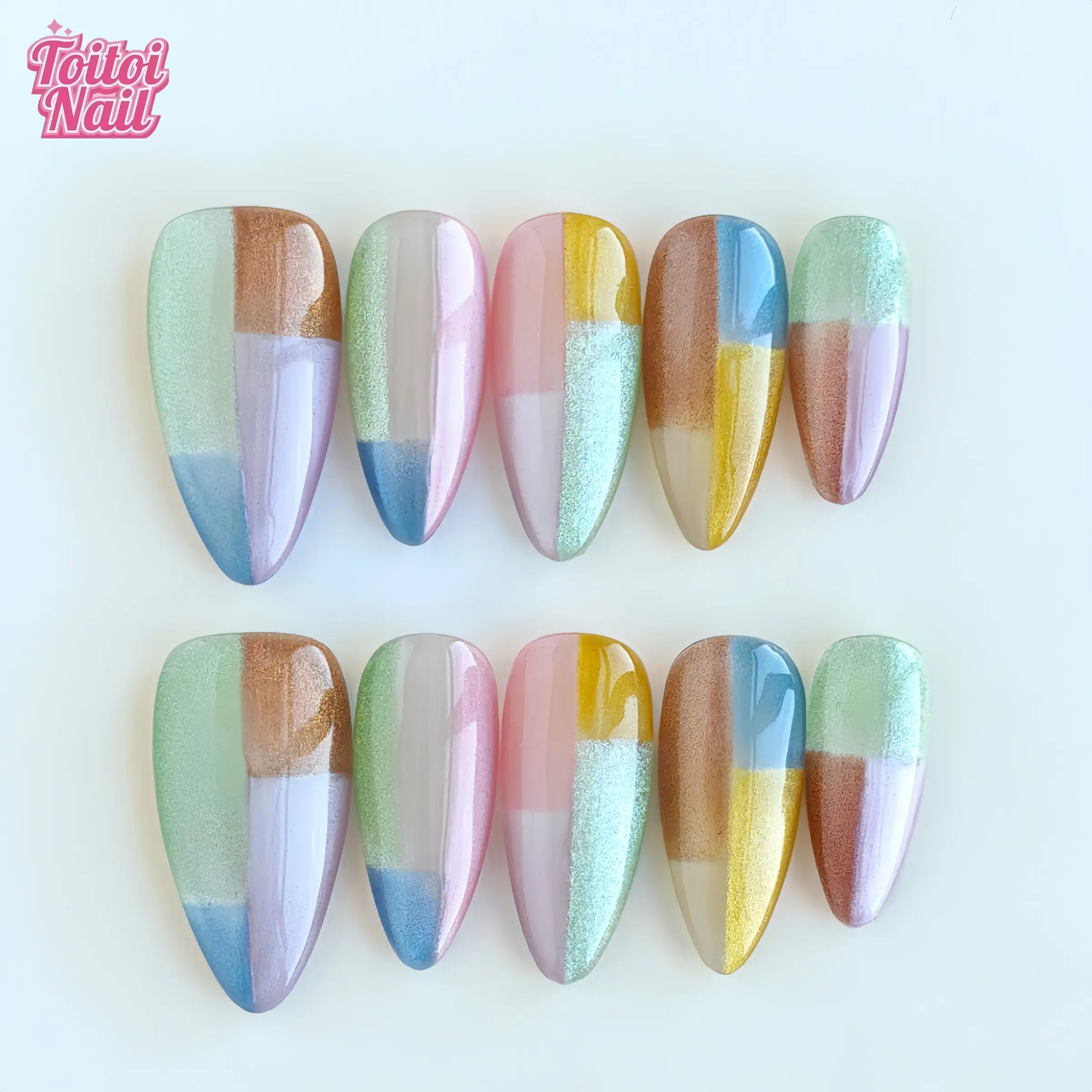 Pastel Patch Handmade Press-On Nails, Glittering Fake Nails, Medium Almond Shape, 10pcs, Dopamine Pastel Patch Design, Multi-Color Glitter & Color Block Accents, Reusable DIY Nail Kit for Women, Trendy Nails for Spring, Summer, Nail Accessories, Nail Art