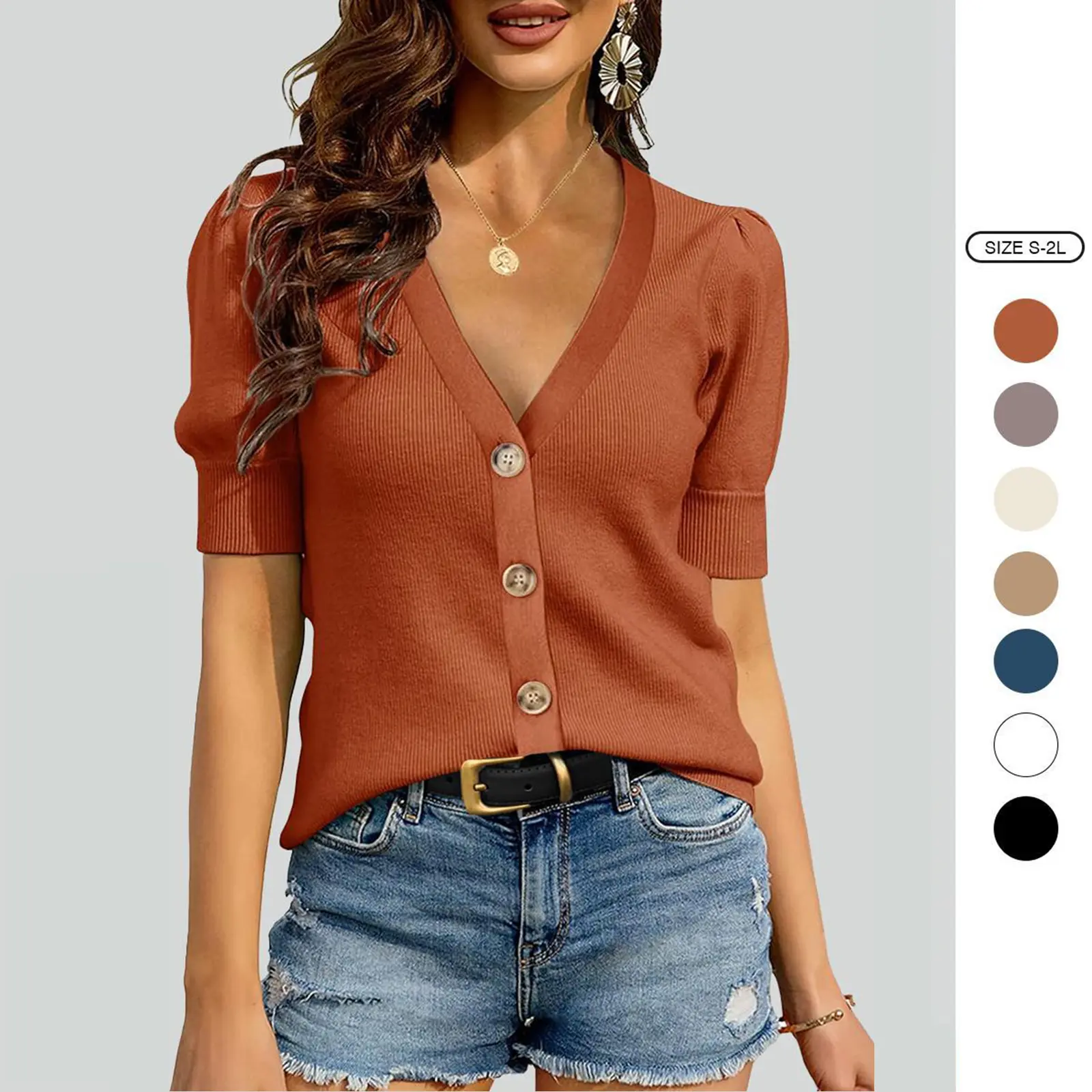 Imily Bela Womens Puff Short Sleeve Sweaters Pullover Shirt Tops V Neck Lightweight Knit Sweater Blouses