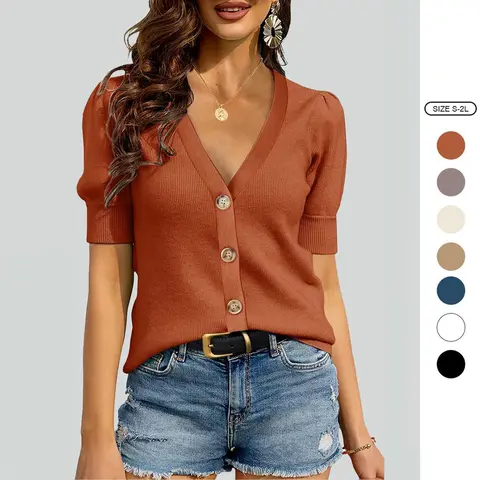 Imily Bela Womens Puff Short Sleeve Sweaters Pullover Shirt Tops V Neck Lightweight Knit Sweater Blouses