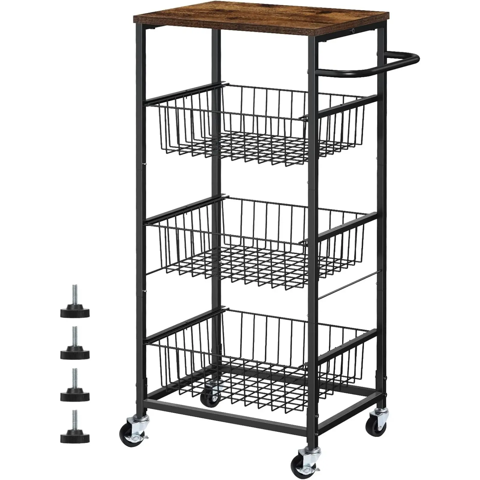 Kitchen Cart with Drawers on Wheels, Industrial Rolling Utility Cart Organizer with Wooden Top & Lockable Wheels, 4 Tier Metal Fruit Vegetable Storage Rack for Jars Drinks Office Bath Supplies, Farmhouse Serving Cart with Handles Pantry Cart