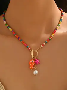 Summer Ceramic Fish & Starfish Tassel Pearl Beaded OT Buckle Necklace, Cute Summer Jewelry, Perfect Gift for Women & Girls