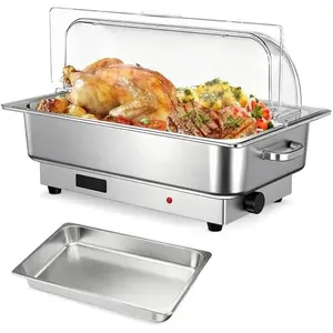 [FLASH SALE] Garvee Electric Chafing Dish Buffet Server 9QT - 400W Adjustable Temperature - Stainless Steel Roll-Top, Transparent Lid - Commercial Food Warmer for Catering, Parties, Weddings