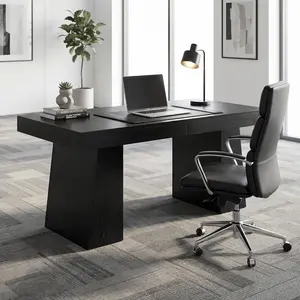 55" Executive Desk, Large Office Computer Desk with Double Pedestal, Modern Simple Workstations Writing Table Conference Table,Wooden Workstation Writing Table, Conference Office Desk, Black Finish