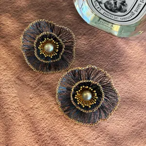 Handmade Pearl Flower Stud Earrings with Copper Wire Wrap – Artistic Statement Floral Earrings for Women, Elegant Designer Jewelry