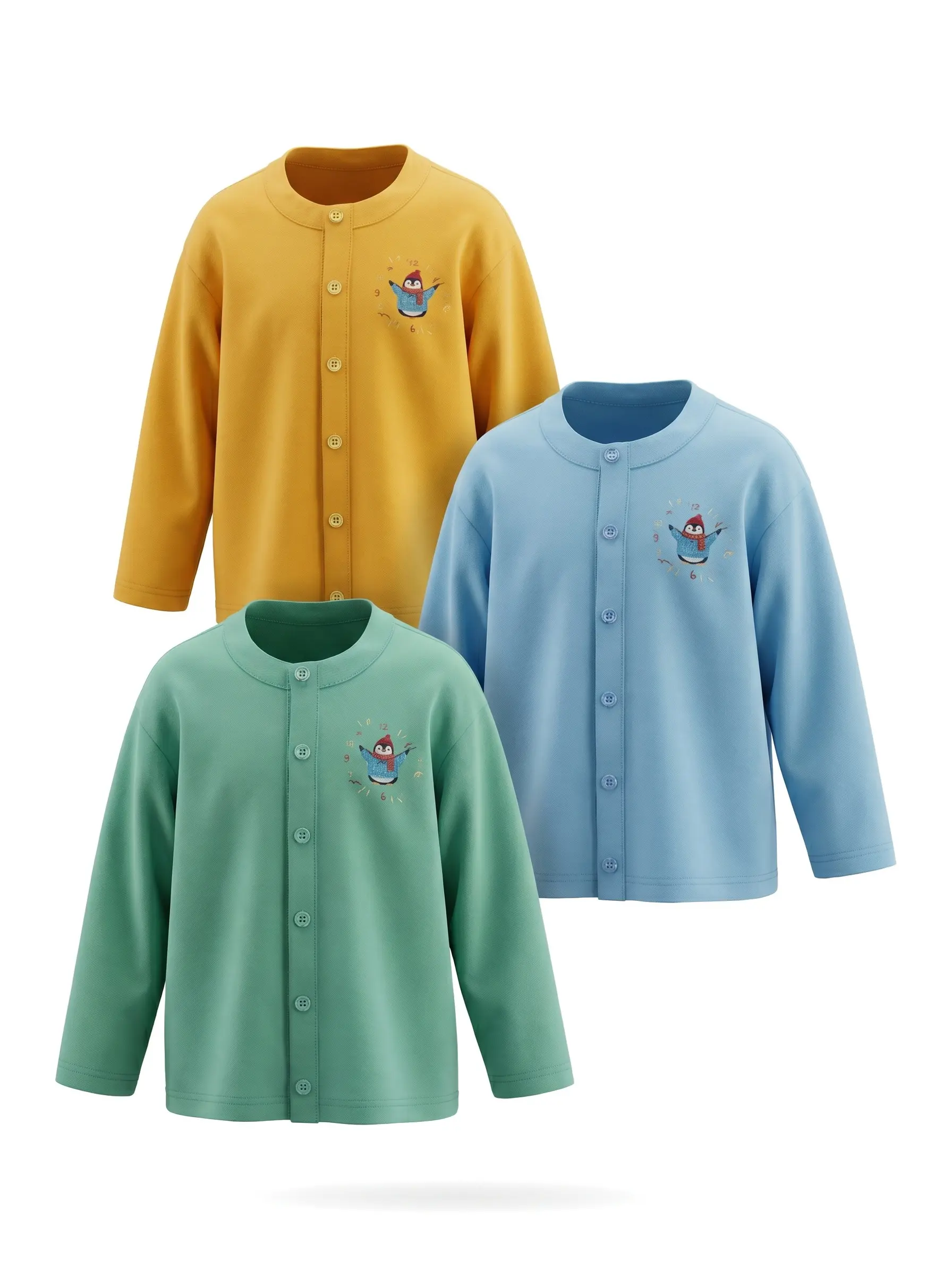Kids' & Adult Denim Crew Neck Cardigan - Lightweight Soft Cotton Knit, Embroidered Penguin Motifs, Long Sleeve, Medium Length, Hand Wash Only, for Back to School Haul, Boys, Parent-Child Outfits Compatibility, 1 Cardigan