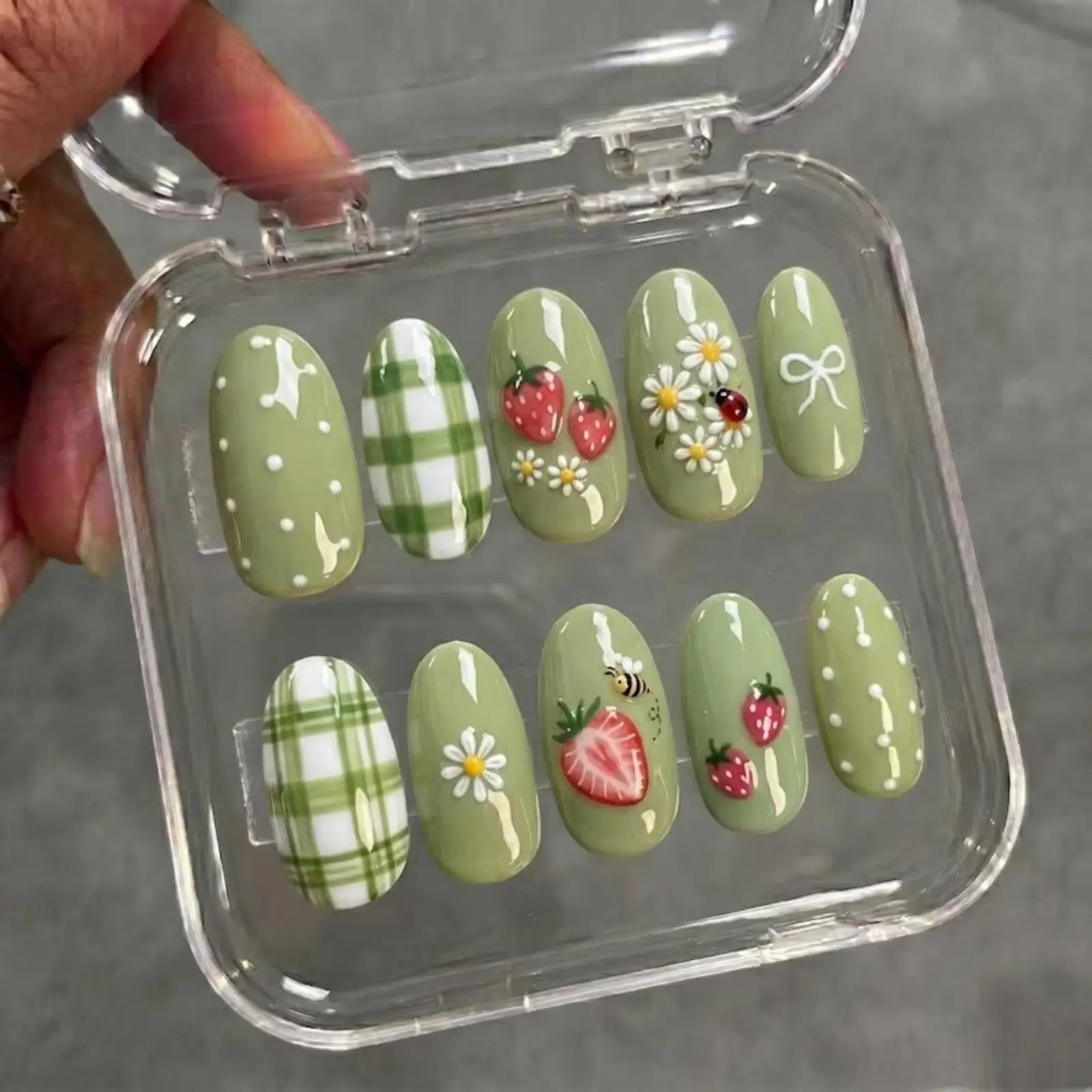 Strawberry Press on Nails, Cute Green Almond Fake Nails, 3D Ladybug Daisy Glue on Nails, Gingham Cottagecore Custom Gel Nails, Gift