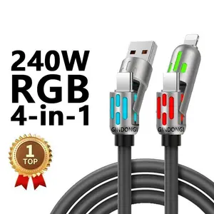 Mobile phone charging cable and data cable 4 Pack 4 in 1 Multi-Function USB Charging Cable, Colorful RGB lighting effect, universal for multiple devices- Fast Charging & Data Transfer, USB A + Type C for iPhone, Samsung, Macbook & Tablets