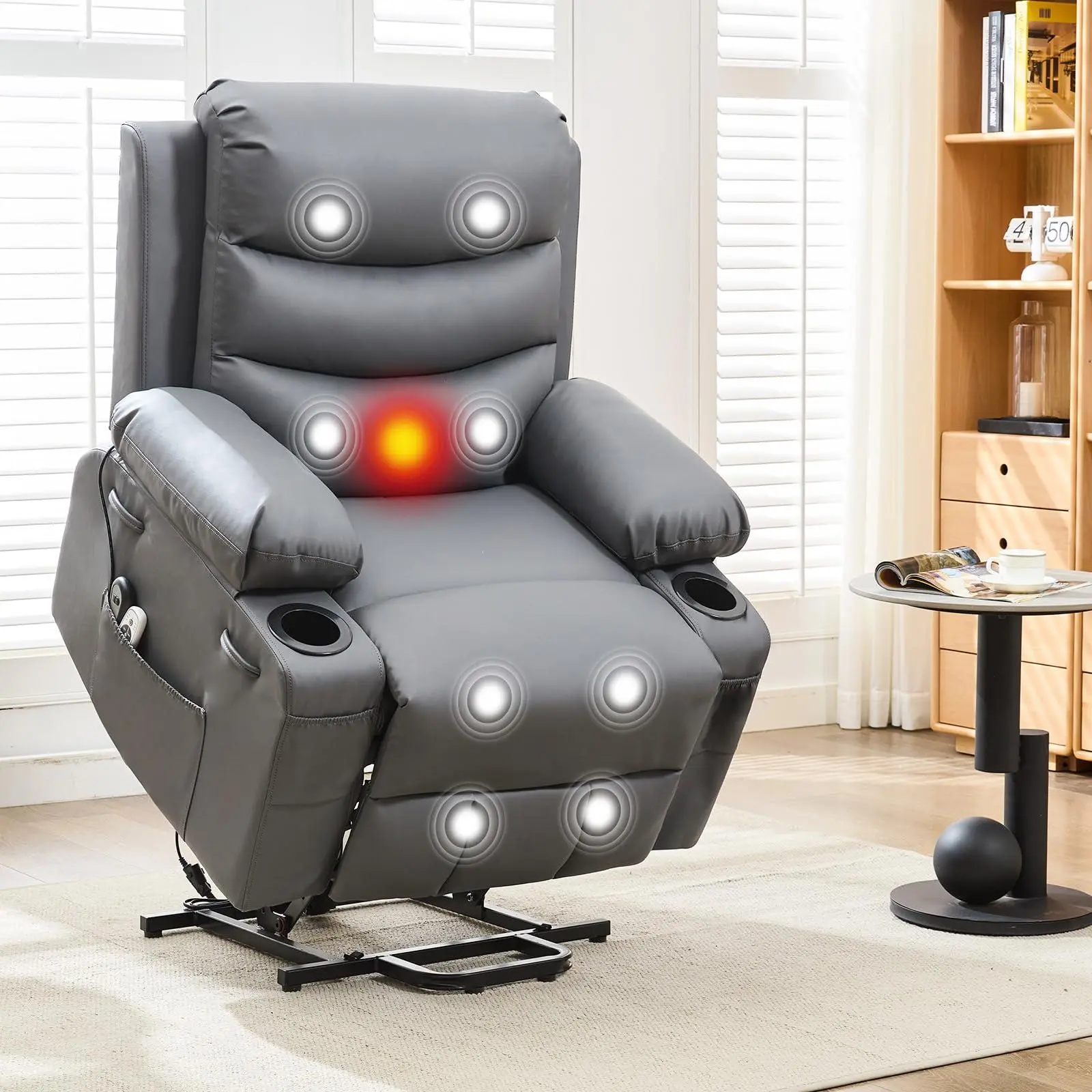 GARVEE Power Lift Recliner PU Chair for Elderly,with Massage & Heat,Big and Tall Living Room or RV Single Sofa for Adults,135°Reclining Accent Chairs,2 Cup Holders and Side Pockets (Gray Leather)
