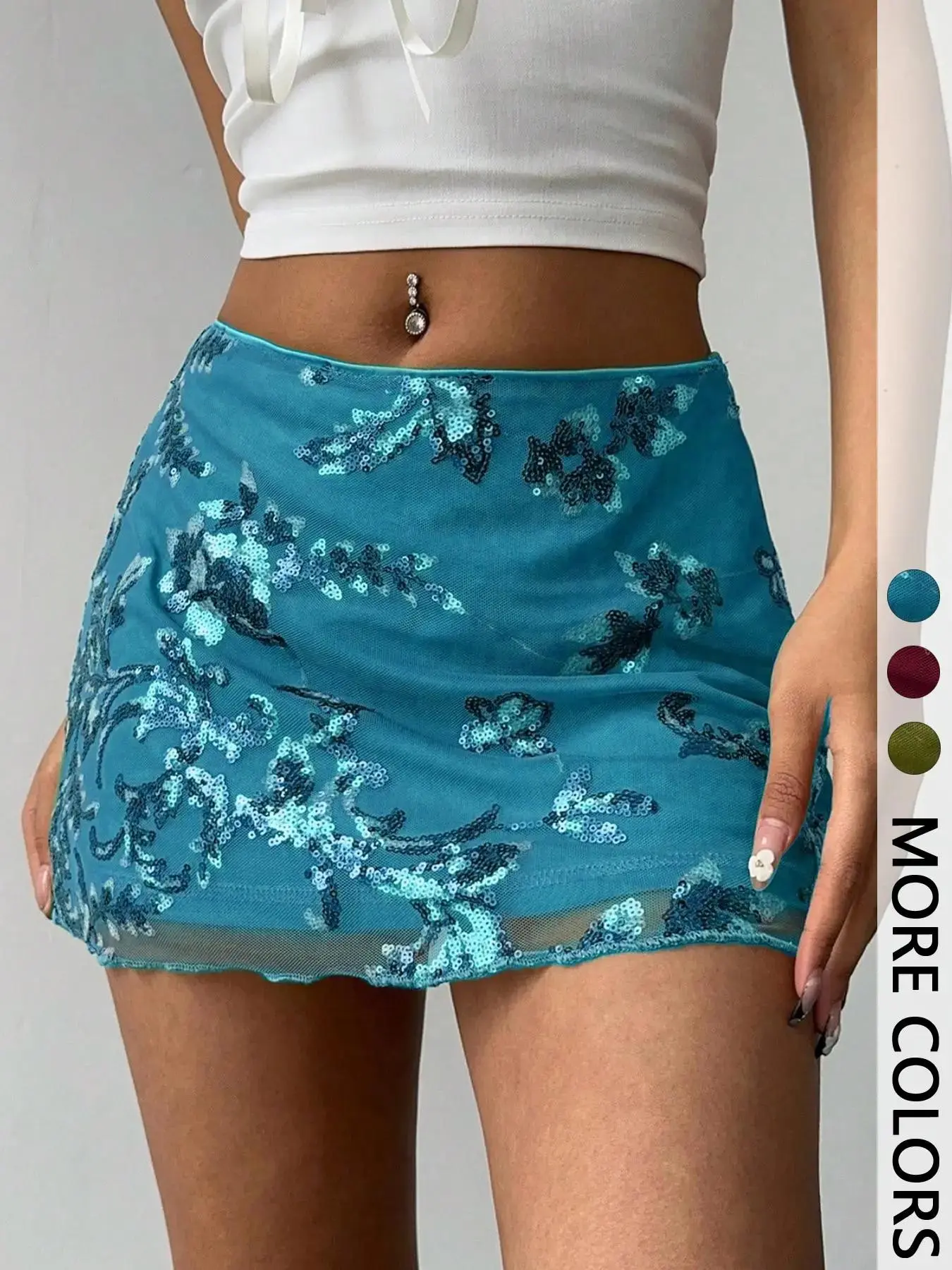 Women's Sequin Floral Mesh Short Skirt, Boho Slim Fit Summer Beach Vacation Style, Party Chic Look, Flirty Hem, Feminine Charm, Graceful Movement, versatile piece, trending now