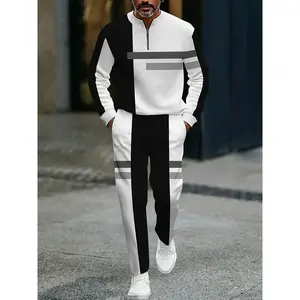 The new men's color-blocked sports suit, featuring a white half-zip sweater paired with matching trousers, is adorned with black and yellow stripes, exuding a trendy vibe. The fabric is comfortable and skin-friendly, suitable for daily commuting and casua