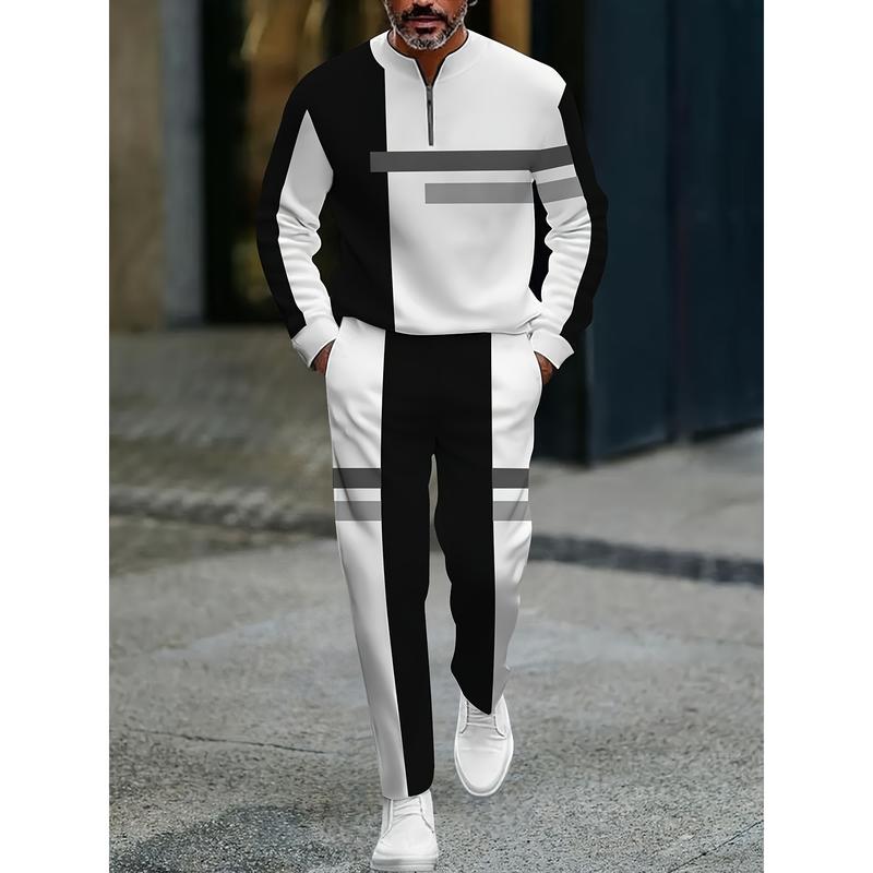 The new men's color-blocked sports suit, featuring a white half-zip sweater paired with matching trousers, is adorned with black and yellow stripes, exuding a trendy vibe. The fabric is comfortable and skin-friendly, suitable for daily commuting and casua