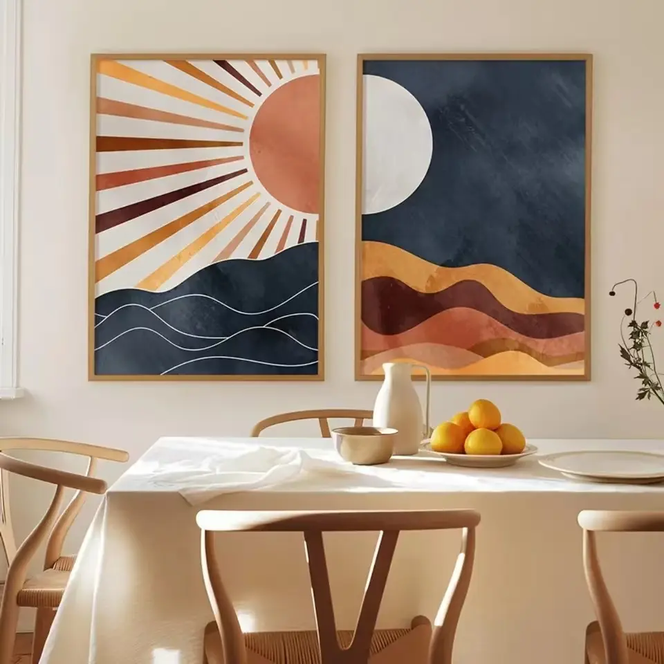 Bohemian Sun Moon Sunset Geometric Abstract Canvas Posters, Abstract Art Prints, Modern Art Wall Decor for Living Room, Unframed Home Decoration Set of 2