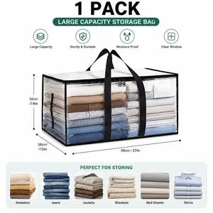 Clear Extra Large Moving Bags,Heavy-Duty Waterproof Storage Tote Bag with Reinforced Handles & Zippers,Transparent Organizer for Clothes,Bedding,Dorm,Moving (Clear- 88L)
