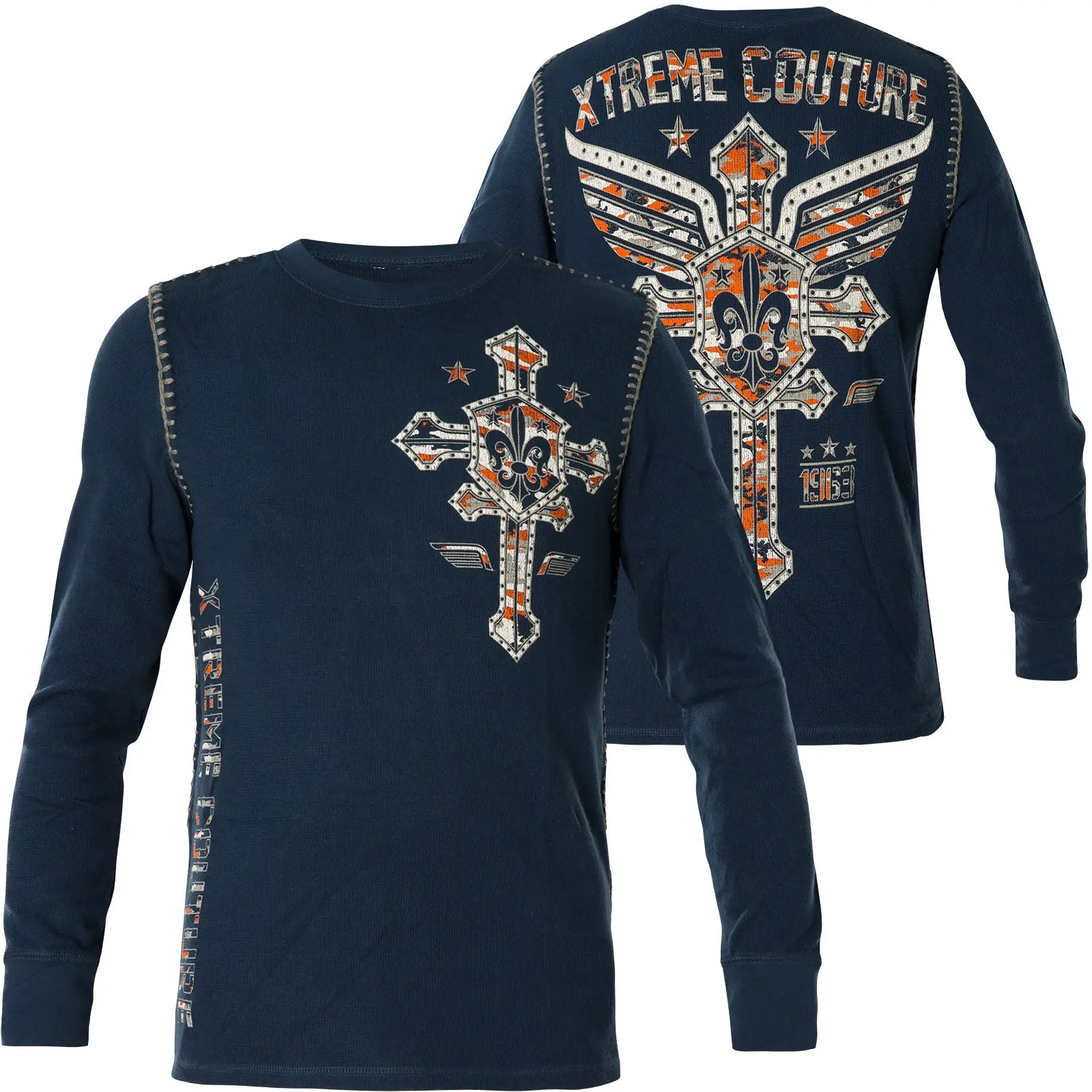 Xtreme Couture AFFLICTION Men's Cotton Round Neck Graphic Pullover Thermal Long-Sleeve Shirt - Soldier of Faith Biker Wings Embroidery Print